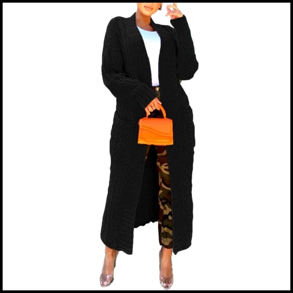 Oversized Cable Knit Cardigan Sweater Long Sleeve Open Front Pockets